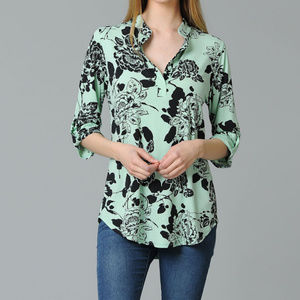 Open Collar Top w/ Rolled Sleeves